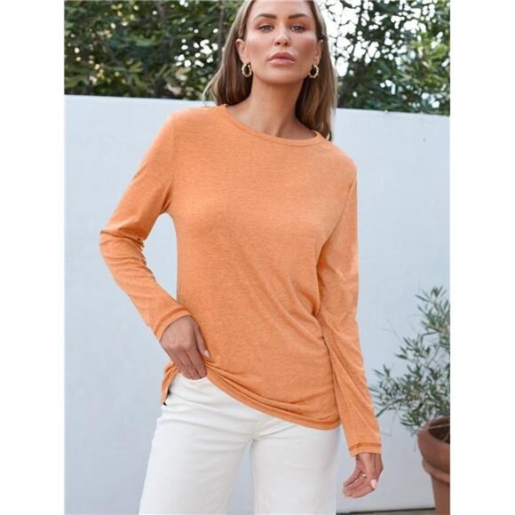Women's Long Sleeve Round Neck Basic Tee - Fall Casual Tops and Outfits - Picture 3 of 7